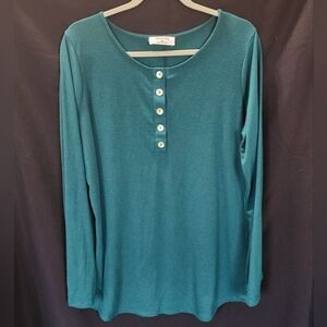 Zenana Top | Teal Button Front Long Sleeve Henley | Womens XL